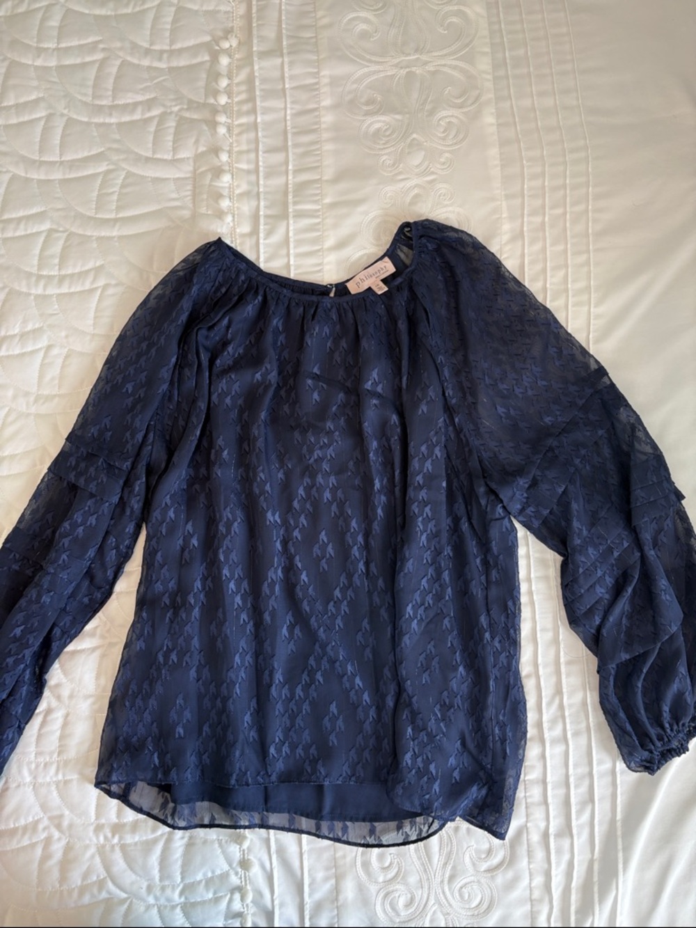 NWOT Women's Navy Lined Sheer Long-Sleeve Blouse - Lightweight Textured Top